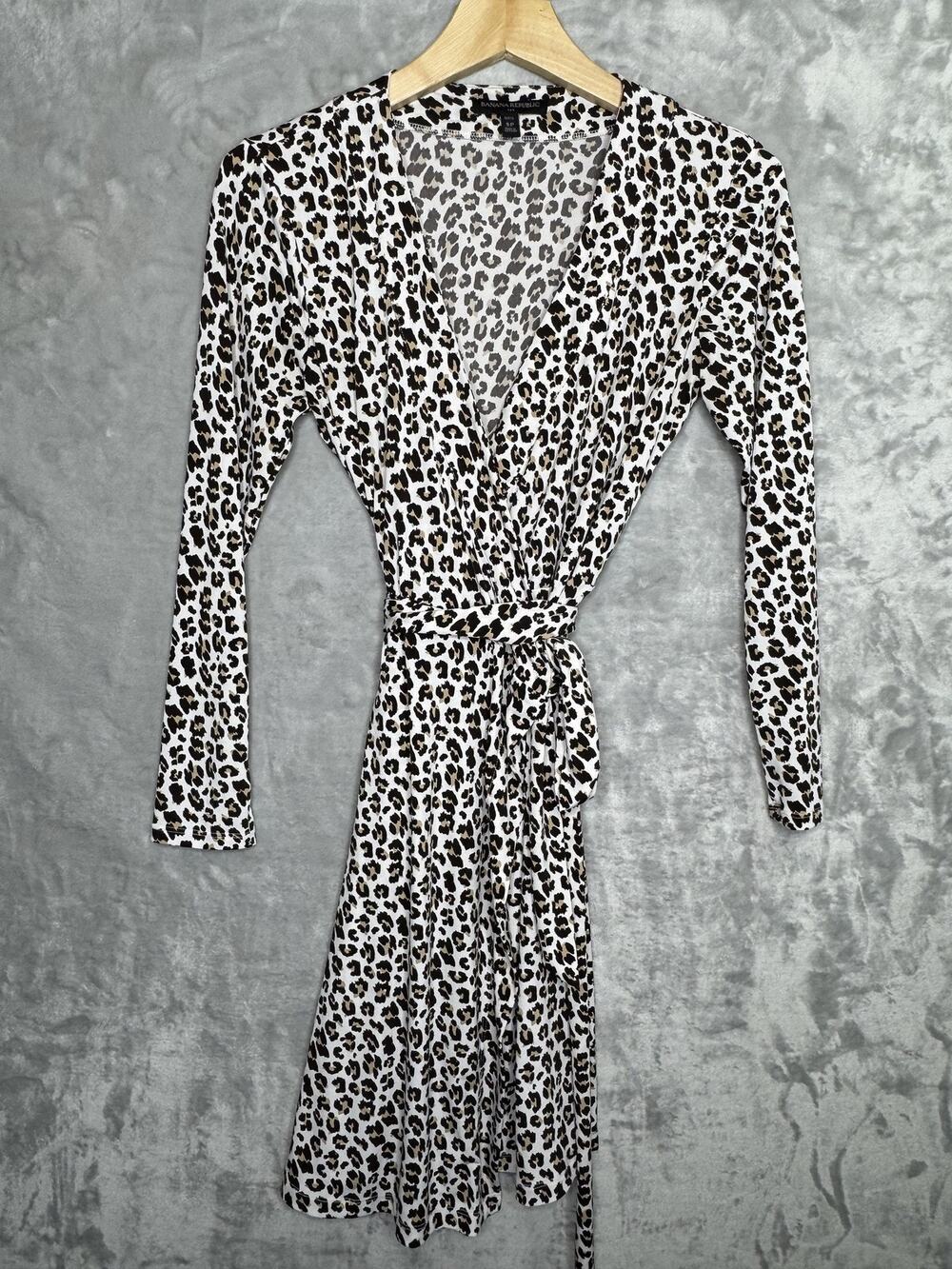 Banana Republic Wrap Dress Womens Small Petite Leopard Print Long Sleeve Belted